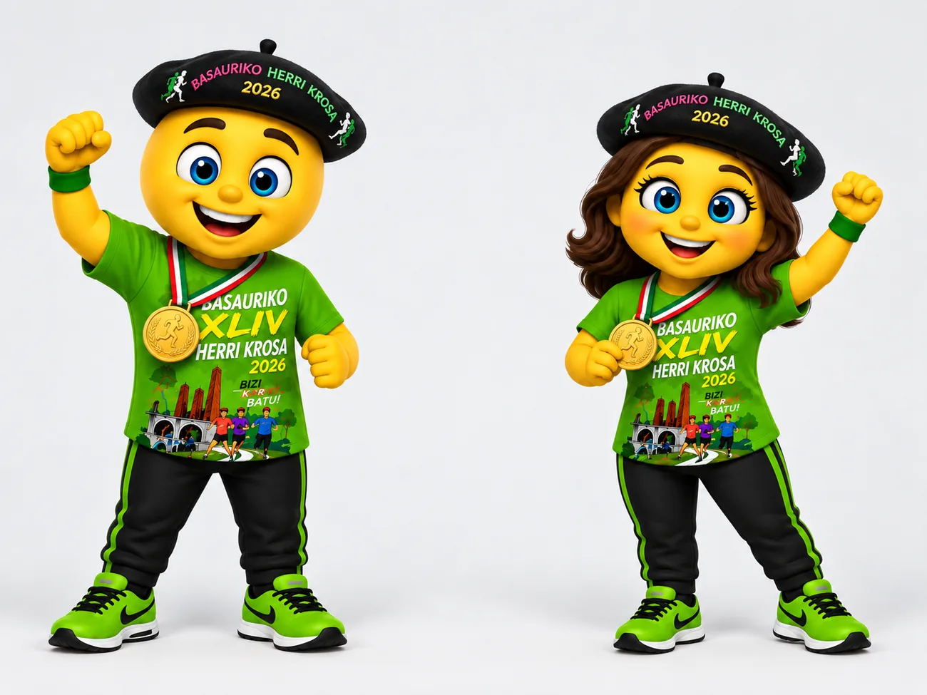 Mascotas Ixatxo e Ixatxi con camisetas verdes de la Basauriko Herri Krosa 2026
