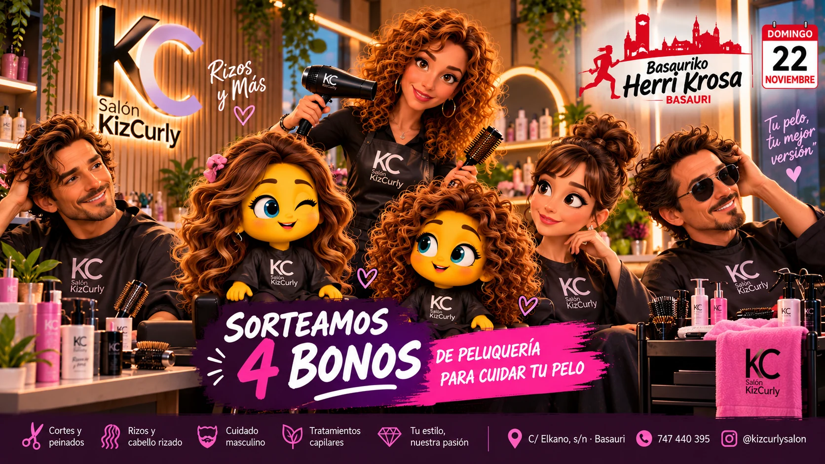 Escena promocional de animación 3D en KizCurly con dos mascotas de la Herri Krosa, la estilista y personajes ficticios de aire cinematográfico